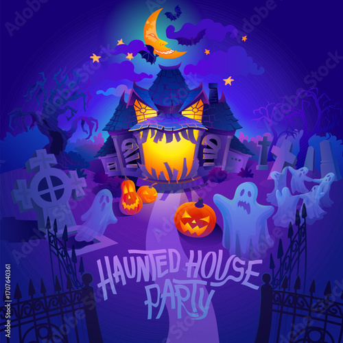 Halloween night scene with haunted house
