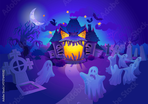 Halloween night scene with haunted house