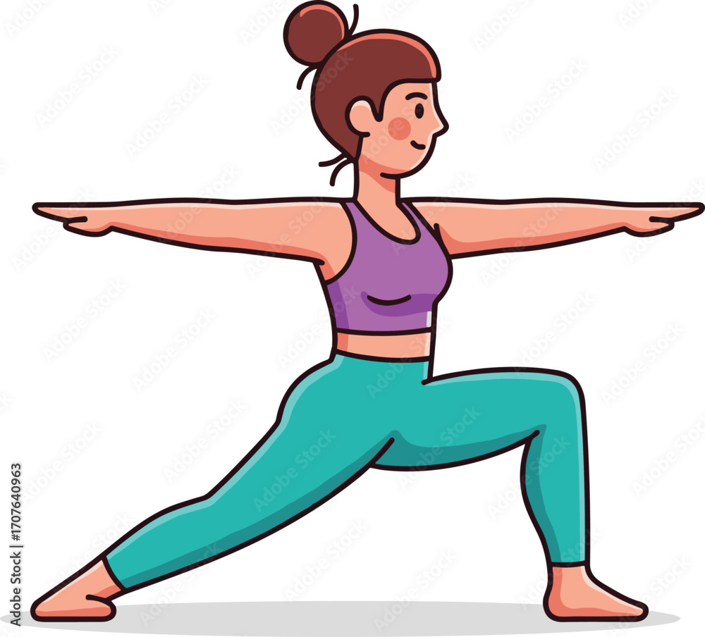 Fototapeta premium Young woman practicing warrior pose yoga exercise, wearing purple sports bra and teal leggings, fitness, balance, stretching, health