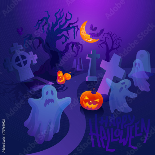 Halloween cemetery with pumpkins, ghosts and moon