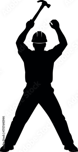 Vector art of silhouette of a construction worker in a hard hat swinging a hammer, transparent background