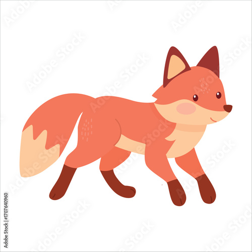 A cute, cartoon-style fox with orange fur and a bushy tail walks playfully. The fox has a friendly expression and is depicted in a simple, colorful design.