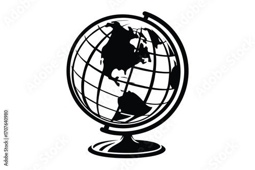 Black silhouette reveals a classic globe showing North and South America on its stand