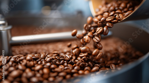 Roasted coffee beans falling from industrial roaster.