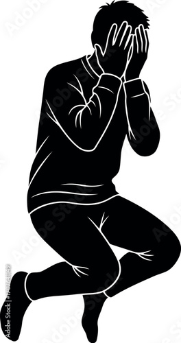 Vector art of silhouette of a person covering face with hands, transparent background