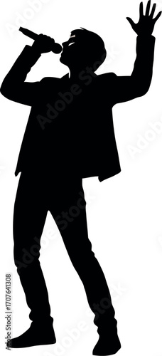 Vector art of silhouette of a male singer performing on stage with microphone transparent background