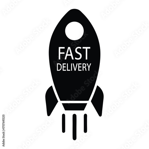 Black silhouette rocket icon with fast delivery text shows an efficient distribution method