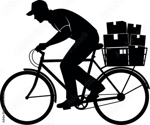 Vector art of silhouette of a delivery person riding a bicycle with packages in the basket, transparent background