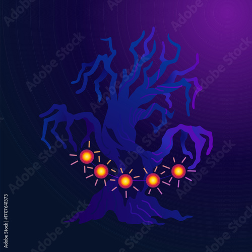Halloween dry tree with evil face and lamps