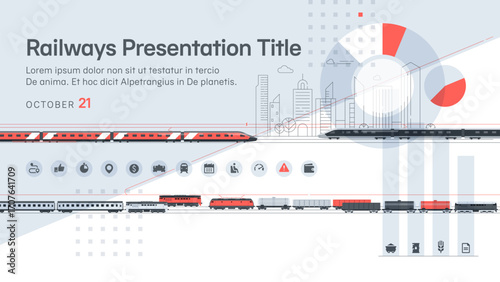 High-speed trains are moving against the background of the city buildings, ordinary passenger and freight trains are moving below. Cover for a presentation about freight and passenger transportation