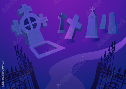 Halloween cemetery with various gravestones