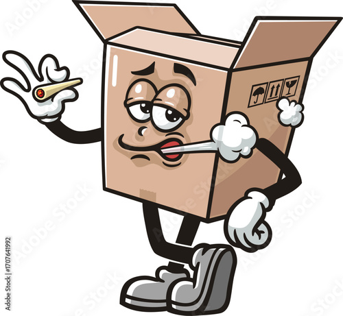 Cartoon mascot of a cardboard box is smoking