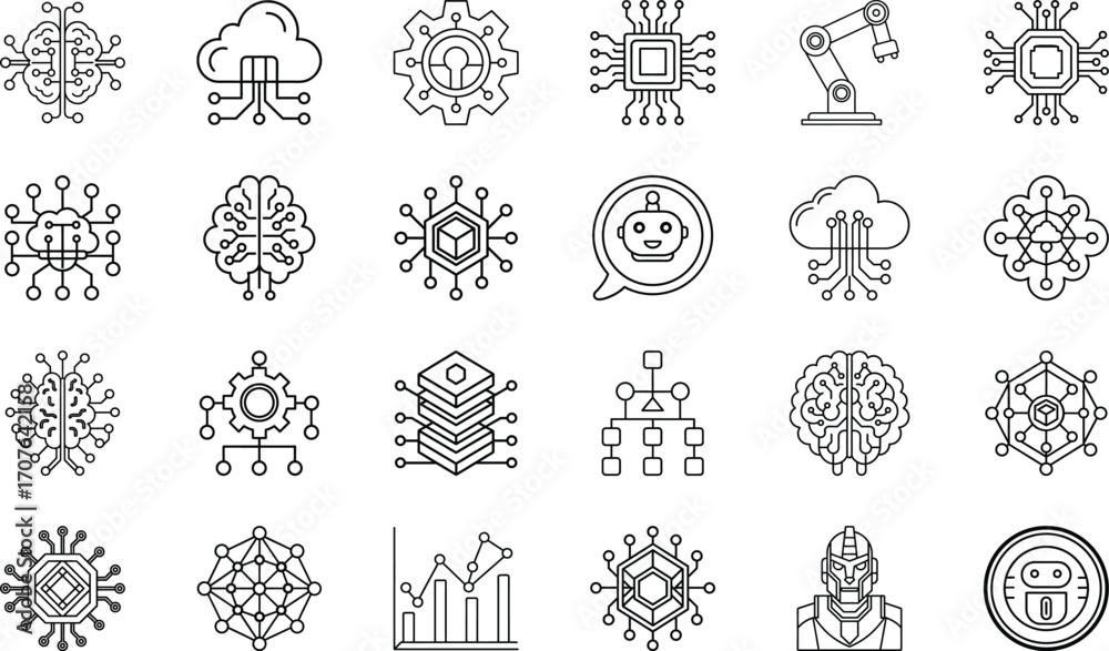 Fototapeta premium Artificial Intelligence Chip, Neural Network Brain, Cloud Technology, Data Analytics, Robotics Automation, Chatbot Assistant, Blockchain, IoT, Deep Learning, and Smart Digital Innovation Vector Set