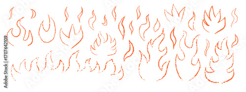 Collection of doodle fire flames. Crayon, chalk and pastel hand drawn sketch set with grunge textured burning icons. Yellow vector illustration isolated on white background