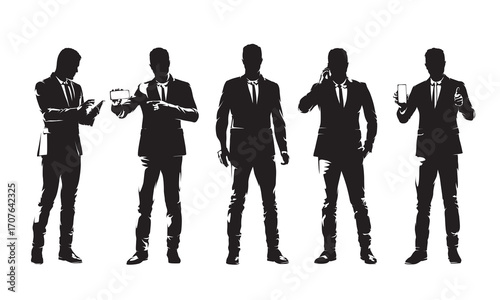 Business people, group of standing businessmen. High contrast isolated vector silhouettes. Business men in suit with mobile phone