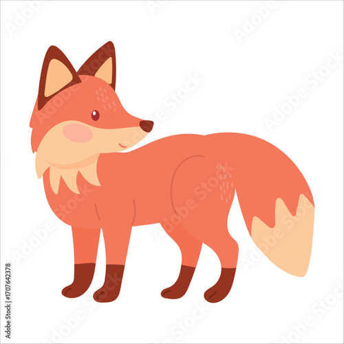 A cute, cartoon-style red fox stands on a white background. The fox has a bushy tail, pointed ears, and a friendly expression, showcasing its vibrant orange fur.