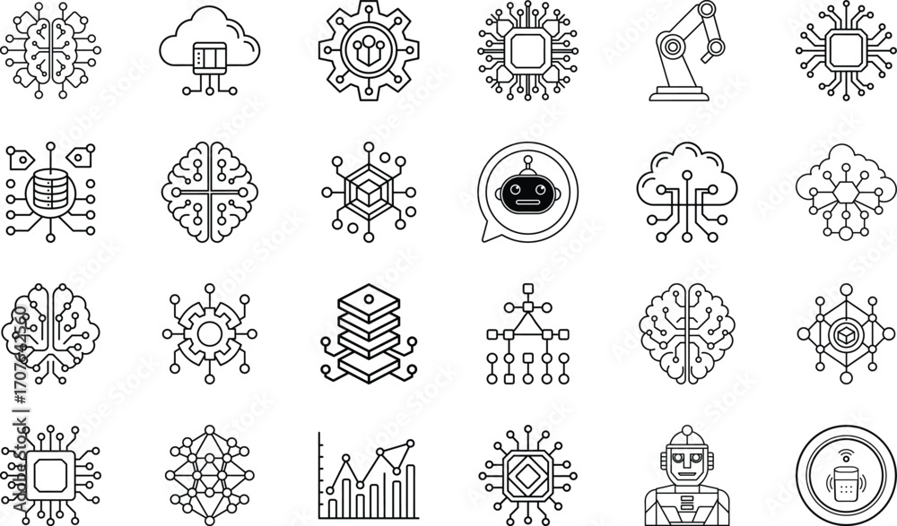 Fototapeta premium Artificial Intelligence Chip, Neural Network Brain, Cloud Technology, Data Analytics, Robotics Automation, Chatbot Assistant, Blockchain, IoT, Deep Learning, and Smart Digital Innovation Vector Set