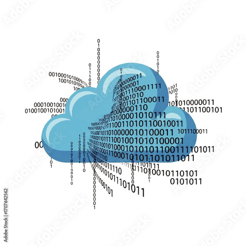Digital technology and internet concept showing a cloud with binary data streams representing information exchange and cloud computing