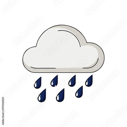 Simple cartoon illustration of a grey rain cloud with blue raindrops, depicting a rainy weather forecast or a sad mood