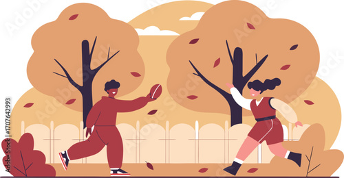 vector illustration of kids playing touch football in a backyard