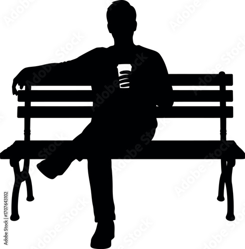 Vector art of silhouette of a man sitting on a park bench holding a drink, transparent background