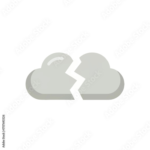 Simple flat illustration of a broken gray cloud, symbolizing a system crash, offline status, connection failure, or cloud computing error