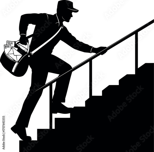 Vector art of silhouette of a mailman climbing stairs with a mailbag, transparent background
