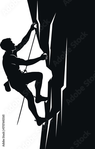 Vector art of silhouette of a climber scaling a steep rock face with a rope transparent background