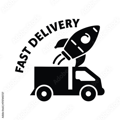 Black silhouette shows a rocket launching from a truck labeled fast delivery