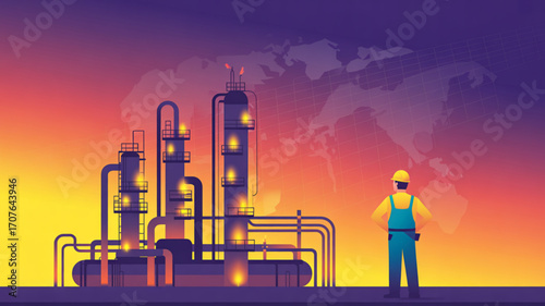 Engineer overlooking modern industrial refinery with world map background, envisioning global energy production and infrastructure