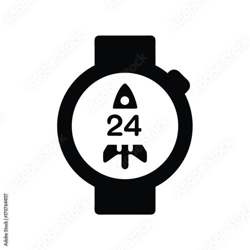 Black smartwatch displays a rocket and the number twenty four in monochrome image