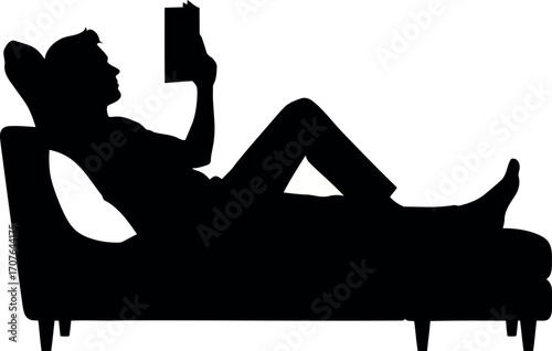 Vector art of silhouette of a man lying on a chaise lounge reading a book transparent background
