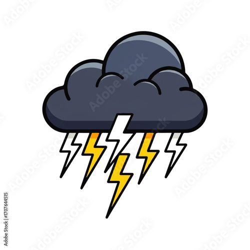 Isolated dark cartoon storm cloud with yellow and white lightning bolts. A simple vector weather icon illustration representing a thunderstorm