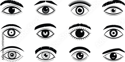 Stylized eye illustration set, black and white vector designs, unique pupil shapes for art, design, symbolism, character creation, and tattoo inspiration