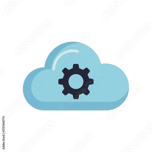 Cloud settings icon with a gear symbolizing cloud computing configuration, data management, and technology services on a white background