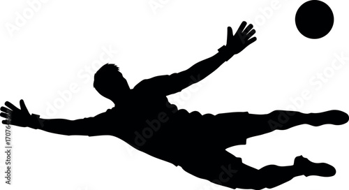 Vector art of silhouette of a soccer goalkeeper diving to catch the ball, transparent background