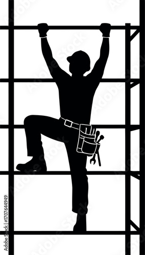 Vector art of silhouette of a construction worker climbing scaffolding, transparent background