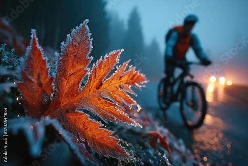 Closeup of frost covered orange leaf with blurred mountain biker riding through misty forest trail in cold autumn morning Generative AI