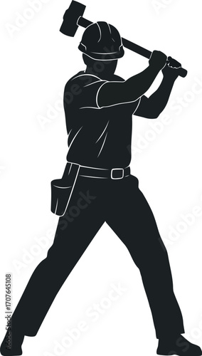 Vector art of silhouette of a construction worker swinging a sledgehammer transparent background
