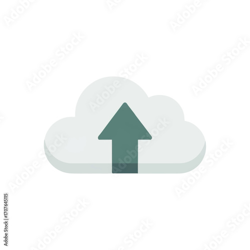 Green arrow pointing up into a grey cloud symbolizing digital data transfer, file upload, and backup to an online server or network for storage