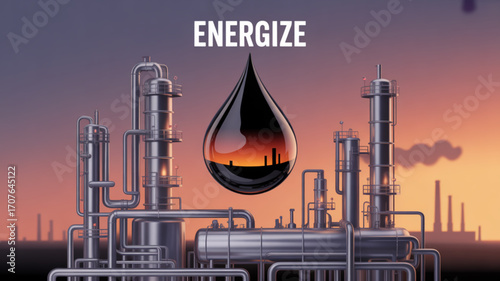 Energize your projects with this powerful oil refinery scene showing energy production, featuring a striking oil drop and industrial architecture at sunset, ideal for energy and industrial themes