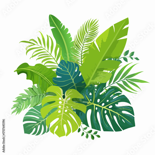 Full-color vector of jungle plants with overlapping large leaves and vines, including monstera and ferns, in a dense, vibrant arrangement