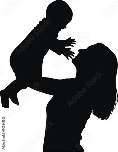 Vector art of silhouette of mother holding her baby up in the air, transparent background