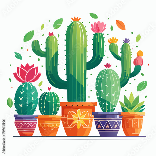 Vector artwork of cactus and succulents arranged in decorative ceramic pots, with bold lines and vibrant colors, perfect for a playful plant-themed design