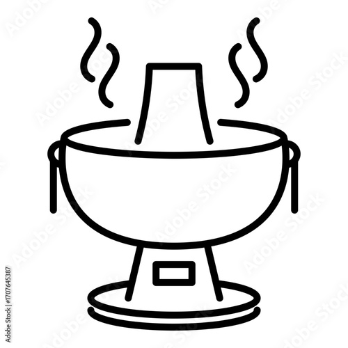 Illustration of Beijing-style hotpot, featuring a traditional copper pot with a tall chimney in the center, symbolizing northern Chinese hotpot culture, mutton slices, vegetables, and dipping sauces.