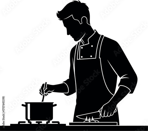 Vector art of silhouette of a male chef cooking in a kitchen, transparent background