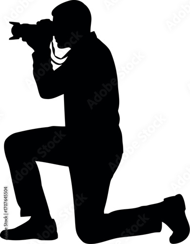 Vector art of silhouette of a photographer kneeling and taking a picture transparent background
