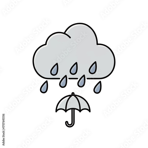 Minimalist weather icon depicting a rain cloud with falling drops over an open umbrella, symbolizing protection and forecasting