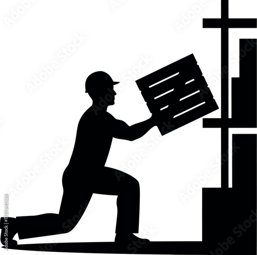 Vector art of silhouette of a construction worker lifting a pallet, transparent background