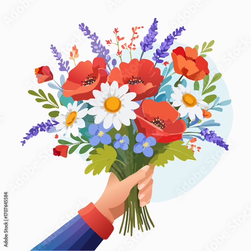 Full-color vector of a hand holding a bouquet of wildflowers, including daisies, poppies, and lavender, with soft gradients and a warm color palette